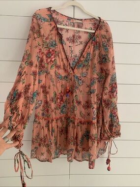 Women's Orange Floral Tiered Mini Dress/Coverup with Tassel Tie size small